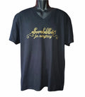 Black V-neck Islamic t-shirt with gold Alhamdulillah for everything script, modest Muslim faith apparel, Ramadan and Eid clothing, inspirational Islamic gratitude shirt for everyday wear