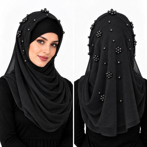 : Black pearl beaded chiffon hijab scarf for women with matching black pearl details, shown on a female model in front and back views.