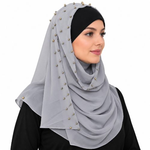 Light grey chiffon hijab with gold bead pattern worn by a model