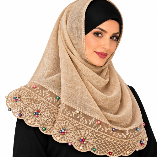 Beige hijab scarf with embroidered lace and small multicolor pearl bead details along the bottom edge.