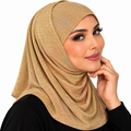 Beige two-piece stretch Lycra hijab modeled by a woman, featuring a textured shimmer finish and medium-length neck and upper-chest coverage.