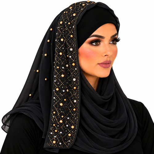 Woman wearing a black chiffon hijab with sparkling rhinestone details and a black undercap