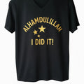 Black Alhamdulillah I Did It Islamic t-shirt with gold lettering and star design, Muslim graduation shirt, faith achievement apparel, modest short sleeve Islamic clothing for Ramadan Eid celebration