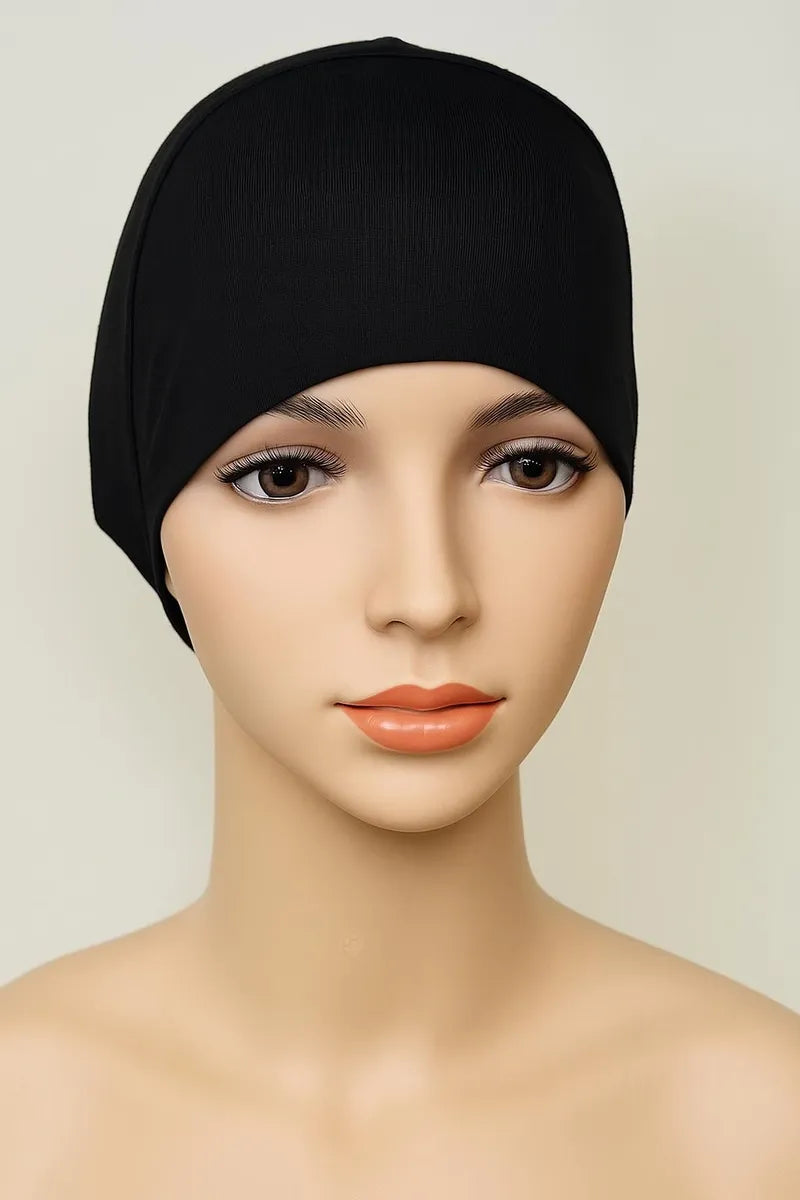 Black cotton hijab undercap for women, soft stretch ninja undercap, breathable Muslim head cap, lightweight underscarf bonnet for daily wear and prayer
