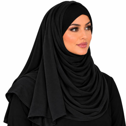 A woman wearing a black draped hijab and black top, shown from the chest up against a plain white background.
