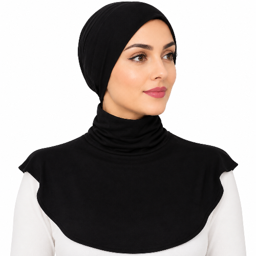 Black modest neck cover with extended shoulder and chest coverage designed for comfortable layering under hijabs and clothing.