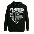 Black Palestine hoodie with heart shaped keffiyeh pattern design and Palestine text, unisex Palestinian pride graphic sweatshirt with flag detail on sleeve