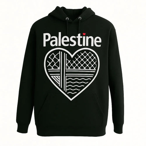 Black Palestine hoodie with heart shaped keffiyeh pattern design and Palestine text, unisex Palestinian pride graphic sweatshirt with flag detail on sleeve
