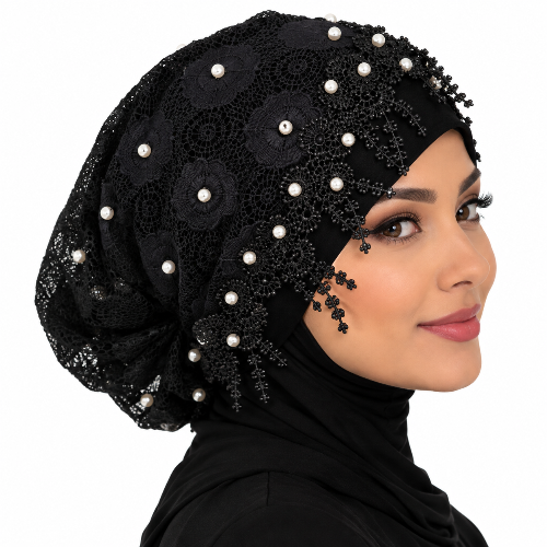 Black pearl lace hijab cap with floral lace, pearl embellishments, and decorative beaded trim worn by a model on a white background
