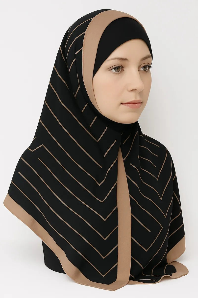 Black modest scarf with gold chevron trim detail, Islamic headscarf for women, lightweight Muslim hijab scarf, elegant decorative head covering for prayer and special occasions