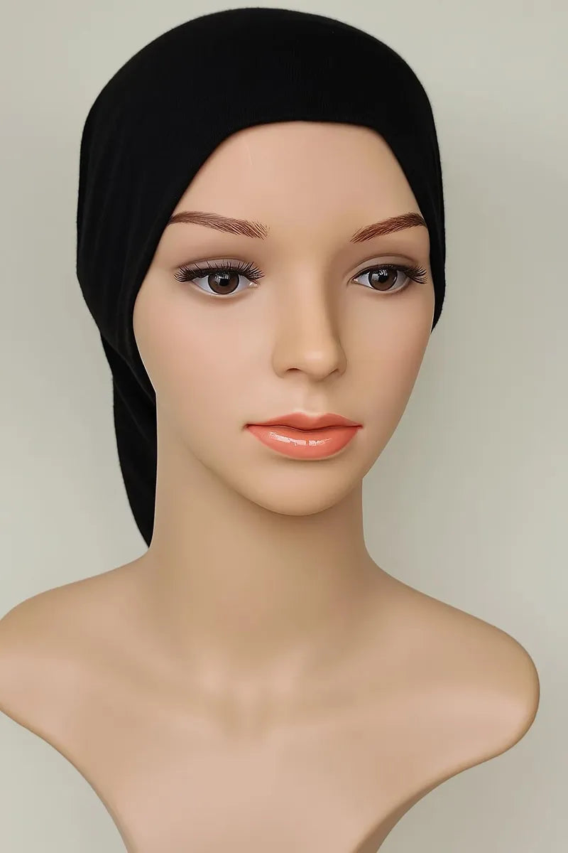 Black stretch hijab undercap on mannequin, full head coverage Muslim under hijab cap, modest headwear essential for women