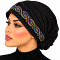 Black turban hijab wraps with colorful decorative sequin trim across the front.