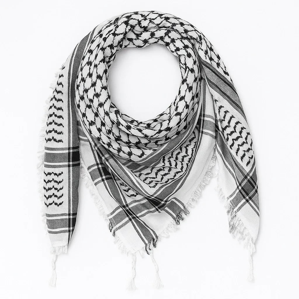 Black and white keffiyeh scarf with traditional pattern and tassel edges, lightweight Palestinian style headscarf for men and women, classic keffiyeh scarf