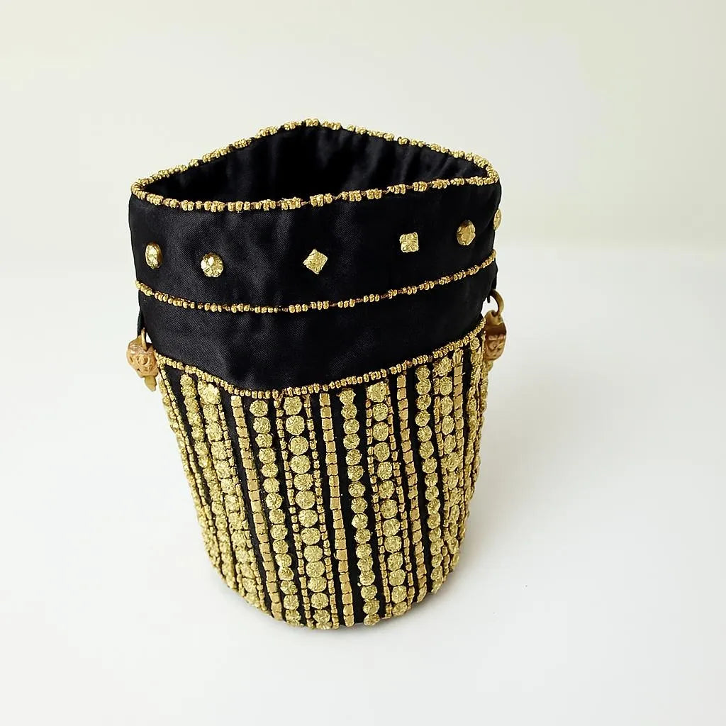 Black and gold embroidered mini bucket bag with beaded detail, small Islamic evening handbag, elegant drawstring pouch purse, modest fashion accessory for Eid, Ramadan, weddings, formal events, women gift idea, statement handbag USA