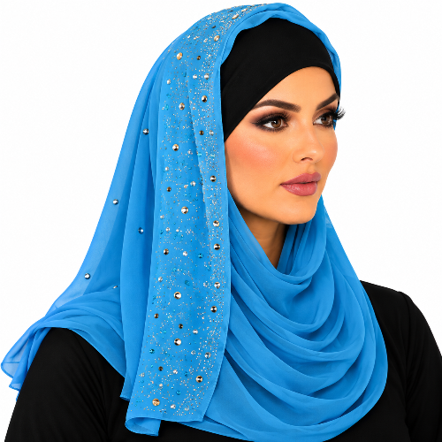 Woman wearing a blue chiffon hijab with sparkling rhinestone details and a black undercap