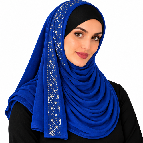 Blue rhinestone jersey hijab for women with sparkling rhinestone edge trim