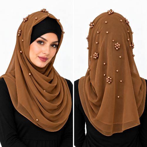 Brown Pearl Beaded Chiffon Hijab Scarf for Women - Modest Fashion