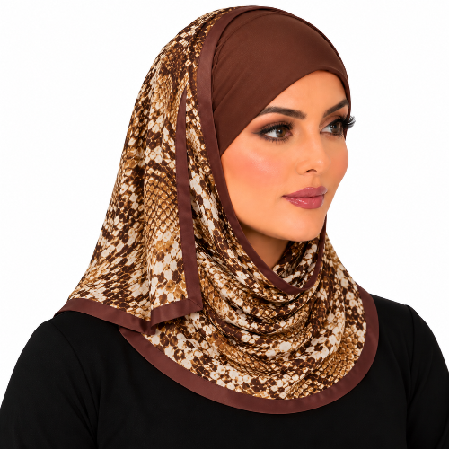 Woman wearing a brown two-in-one hijab with a brown headpiece and attached printed scarf