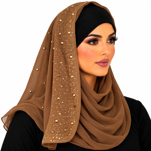 Woman wearing a brown chiffon hijab with sparkling rhinestone details and black undercap