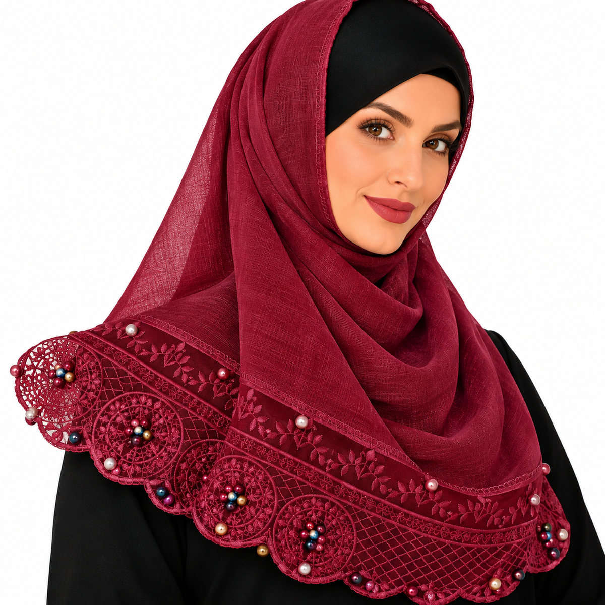 Burgundy Lace Hijab for Women – Embroidered Pearl Bead Detail