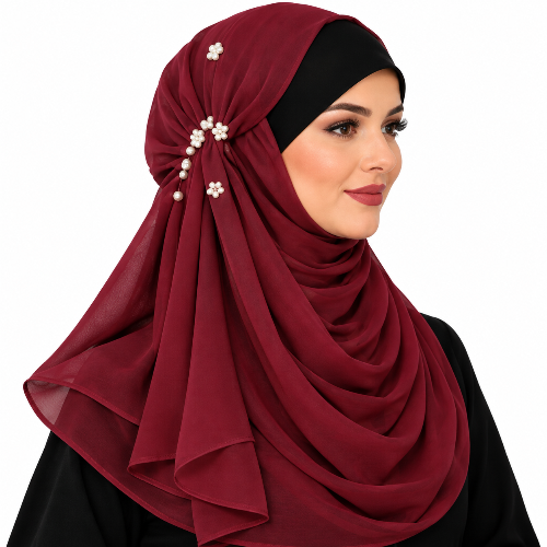 Burgundy chiffon hijab with white pearl flower details worn by a model