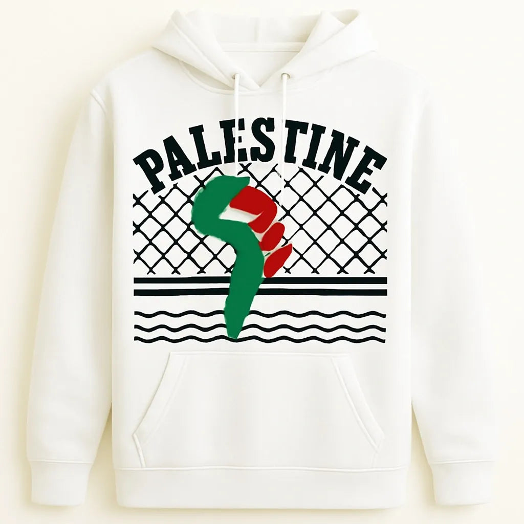 Cream hoodie with Palestine text and map design in red, green, black and white, unisex Palestinian pride graphic sweatshirt with keffiyeh pattern