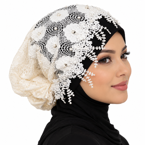 Cream pearl lace hijab cap with floral embroidery and beaded details worn by a model on a white background.