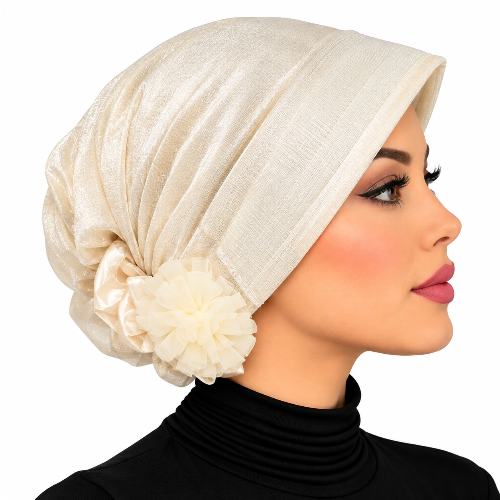 Woman wearing a cream pre-tied turban cap with a soft fabric flower detail on the side