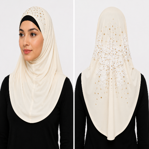 Cream rhinestone lace one-piece hijab on model showing front and decorative back design. Back view of cream one-piece hijab with white floral lace and rhinestone detailing