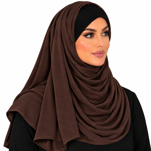 A woman wearing a draped brown hijab with a black under-cap, shown against a plain white background.