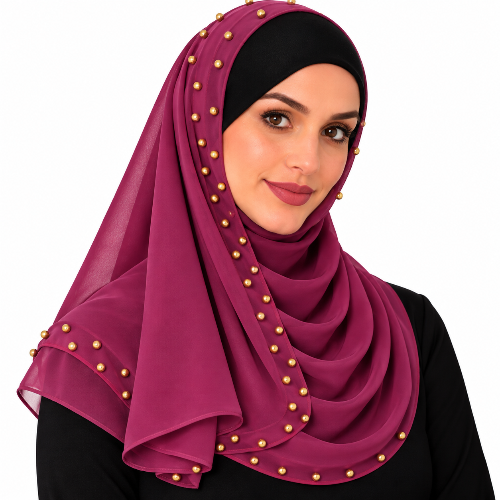 Woman wearing a berry chiffon hijab scarf with small gold beads on a white background