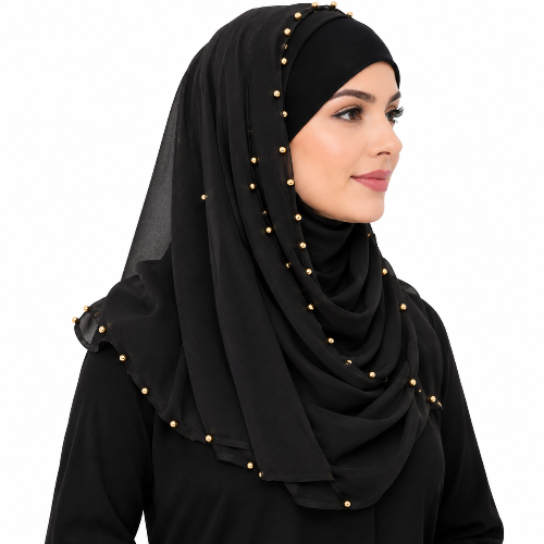 Black chiffon hijab with gold bead details worn by a model