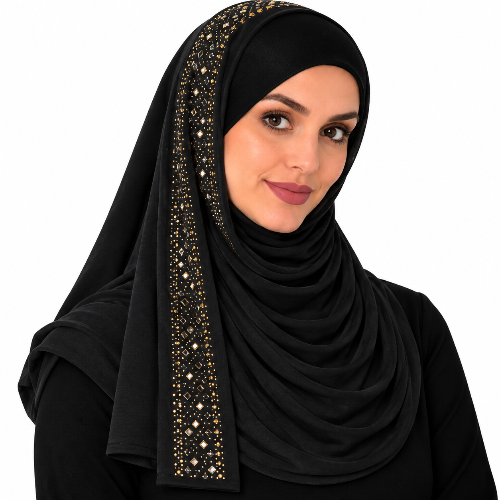 A woman wearing a black hijab with a decorative border of gold and white rhinestones, shown against a plain white background.