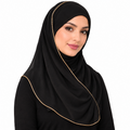Black hijab scarf with thin light gold trim modeled by a woman on a white background