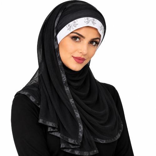 Woman wearing a black long wrap hijab with a white rhinestone floral detail across the forehead and black satin trim.