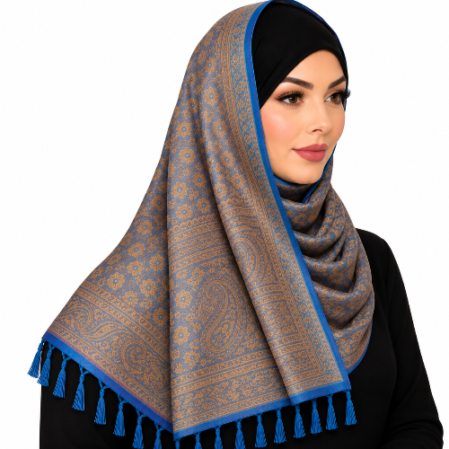 A woman wearing a patterned hijab with blue tassels, styled with a black headscarf underneath, against a solid white background.