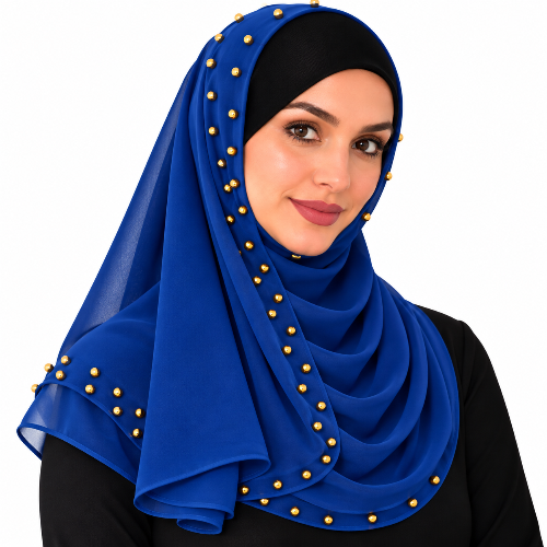 : Woman wearing a blue chiffon hijab scarf with small gold beads on a white background