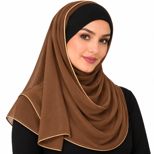 Woman wearing a brown hijab scarf with thin light gold trim on a white background