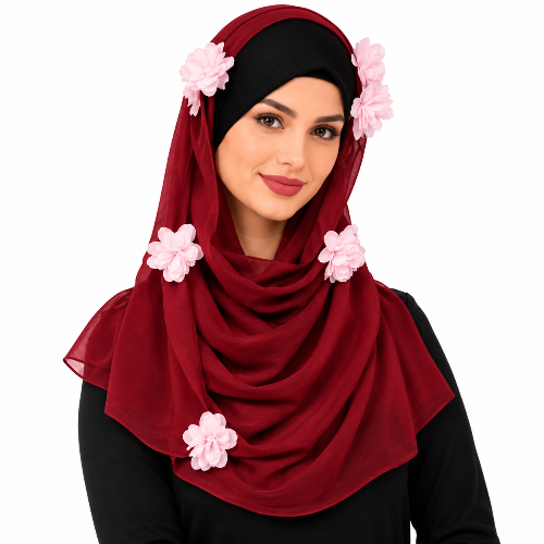 Burgundy hijab scarf with soft light pink fabric flowers decorating the front and sides.