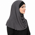 Dark grey pleated chiffon hijab scarf with bead details on model