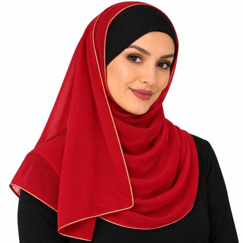 Woman wearing a red hijab scarf with thin light gold trim on a white background