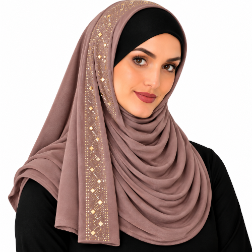 Woman wearing a brown rhinestone jersey hijab with gold rhinestone trim
