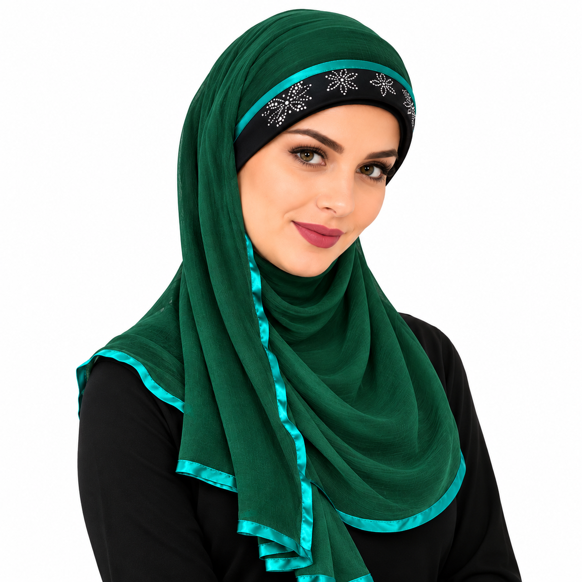 Green Two-Piece Hijab for Women – Elegant Satin Trim