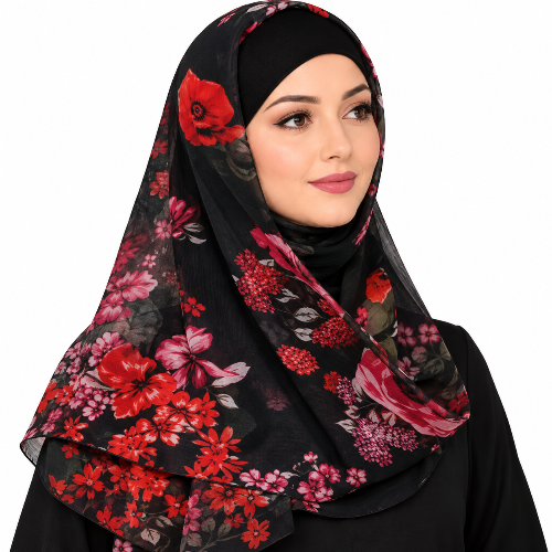 A woman wearing a black hijab with a vibrant red, pink, and orange floral print, shown against a plain white background.