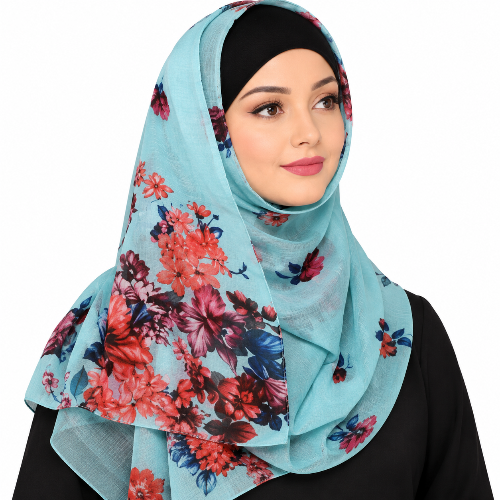 Woman wearing a teal floral hijab scarf with red pink and blue flowers