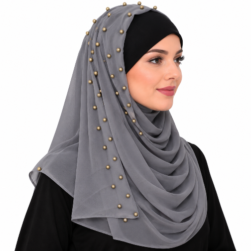 Grey chiffon hijab with gold bead details worn by a model
