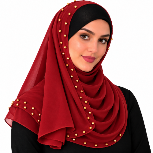 Woman wearing a red chiffon hijab scarf with small gold beads on a white background