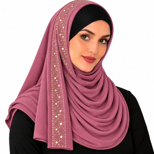 Rose rhinestone jersey hijab for women with sparkling rhinestone edge trim