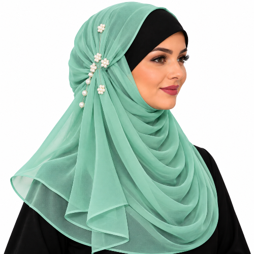 Mint green chiffon hijab with white pearl flower details worn by a model