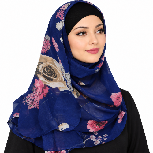 A woman wearing a royal blue chiffon hijab with a large floral print featuring pink, beige, and white roses, styled with a black undercap against a plain white background.